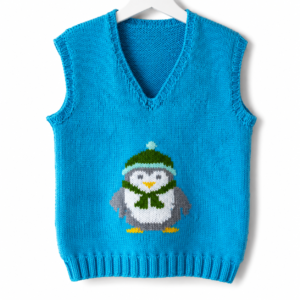 Blue knitted sleeveless sweater with a penguin wearing a green hat and scarf on the front, on a white hanger against a white background.