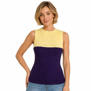 Woman wearing a two-tone sleeveless knit top, yellow upper and purple lower, posing with hand on hip.