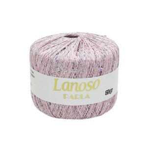 Pink skein of Lanoso Parla yarn with iridescent strands, in a compact ball (25g).