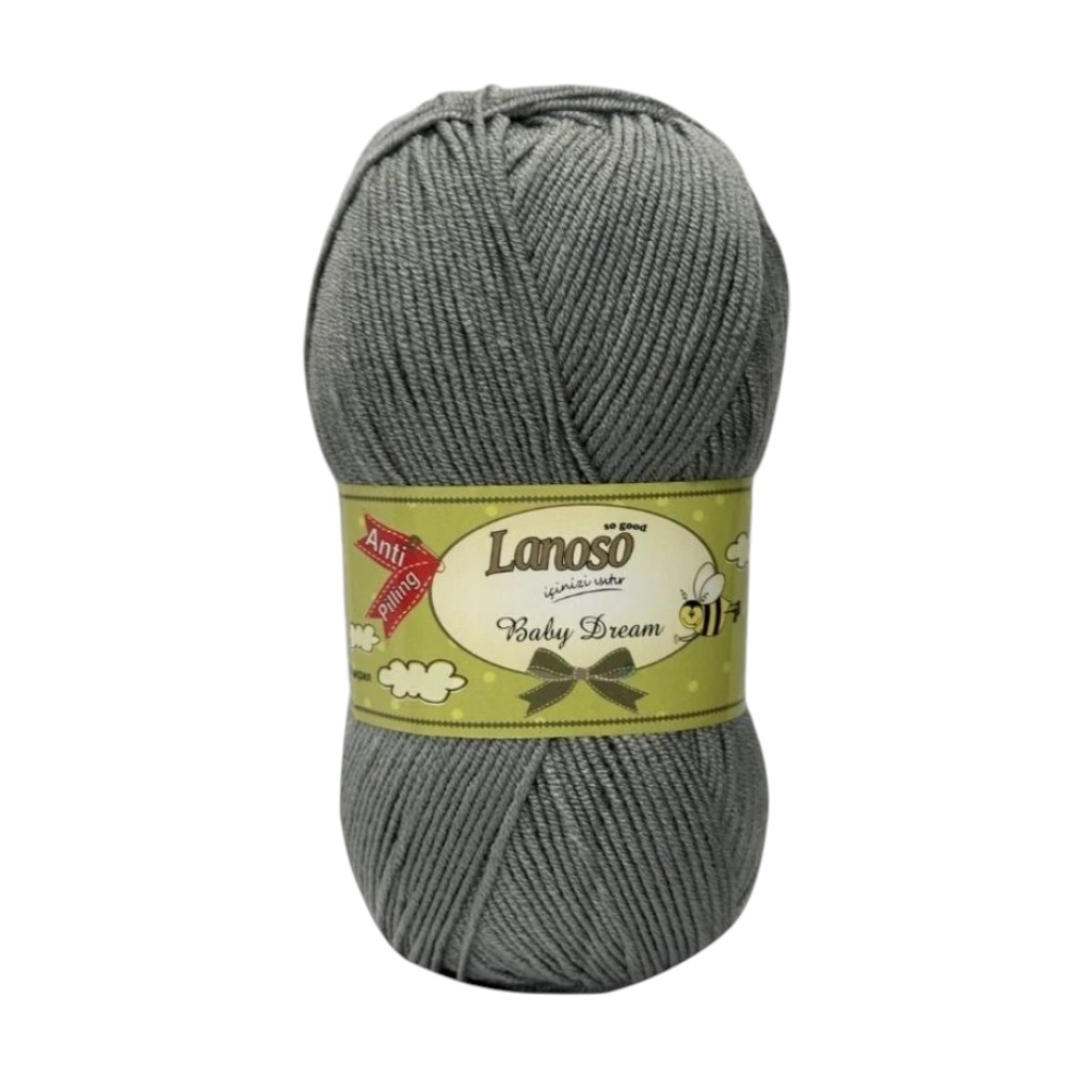 Ball of gray yarn labeled Lanosò Baby Dream, for knitting or crochet projects