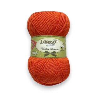 Skein of bright orange Lanoso Baby Dream yarn with label facing front.