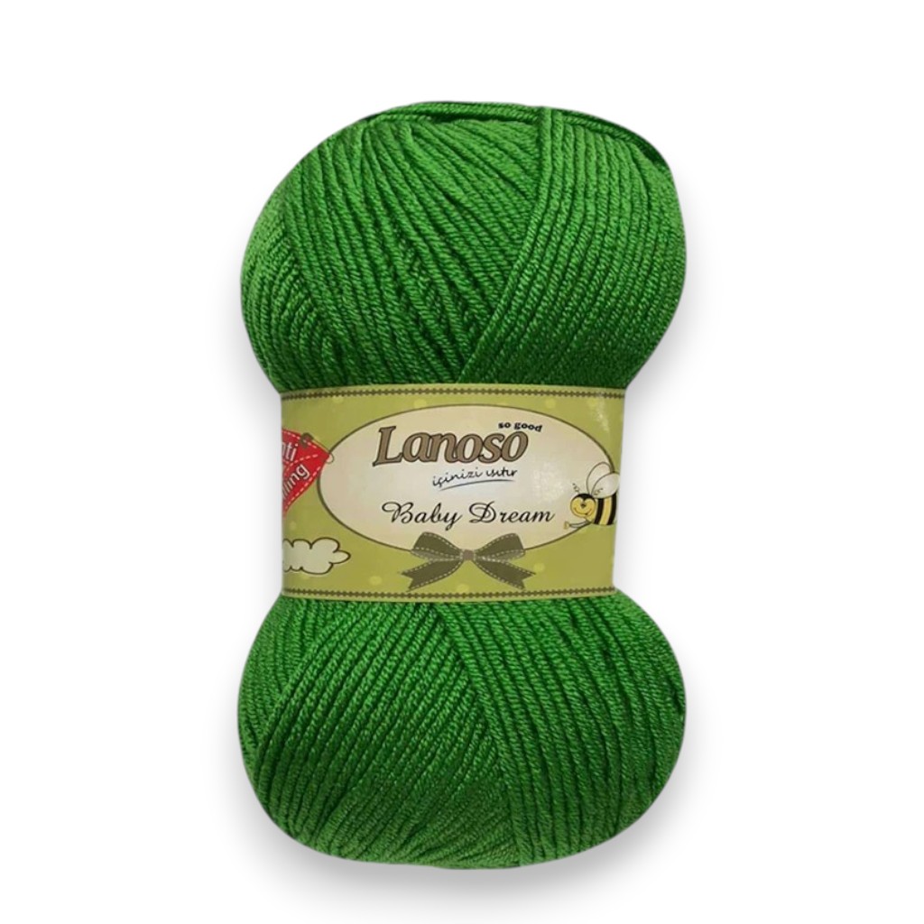 Green ball of yarn labeled Lanoso Baby Dream, bright lime color suitable for knitting/crafts