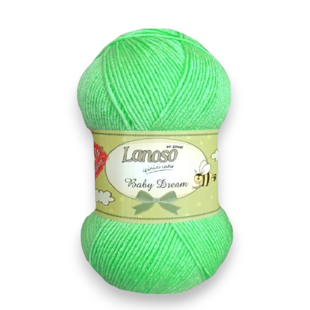 Bright green Lanoso Baby Dream yarn skein with label and bee illustration.