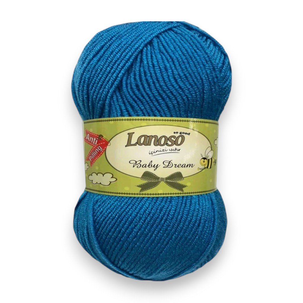 Blue yarn skein with label reading 'Lanoso Baby Dream' ready for crochet or knitting projects