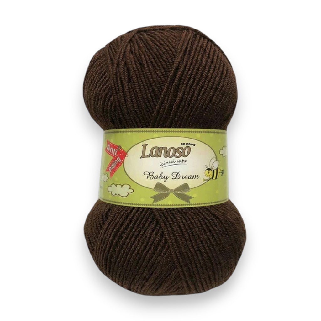 Brown ball of Lanoso Baby Dream yarn with green label wrapped around the center, showing the brand name.