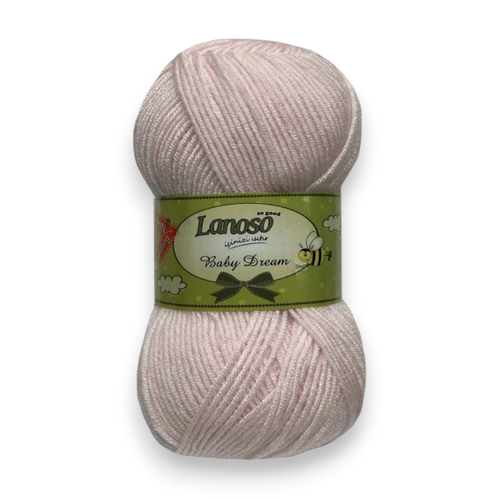 Light pink skein of baby yarn with a green label reading 'Lanoso Baby Dream'