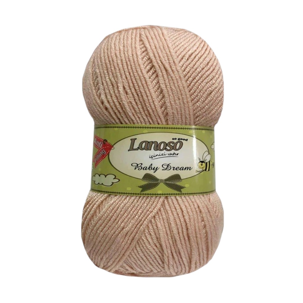 Ball of pale pink yarn labeled 'Lanos Baby Dream' with a green wrapper around it.