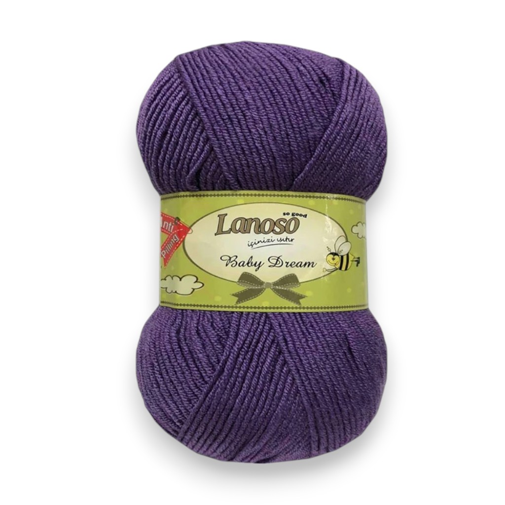Purple skein of LanaSO Baby Dream yarn with green label, ready for knitting or crocheting