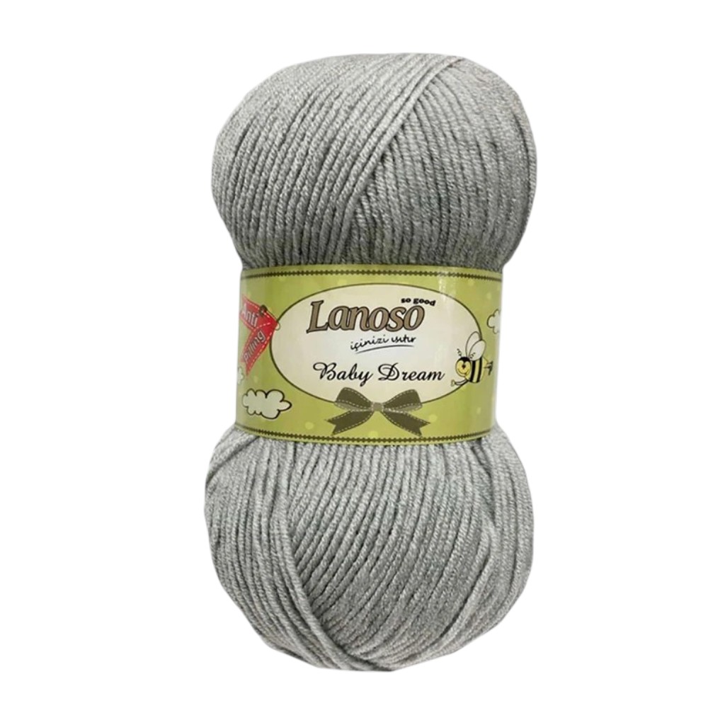Gray yarn skein labeled Lanoso Baby Dream for knitting or crochet projects