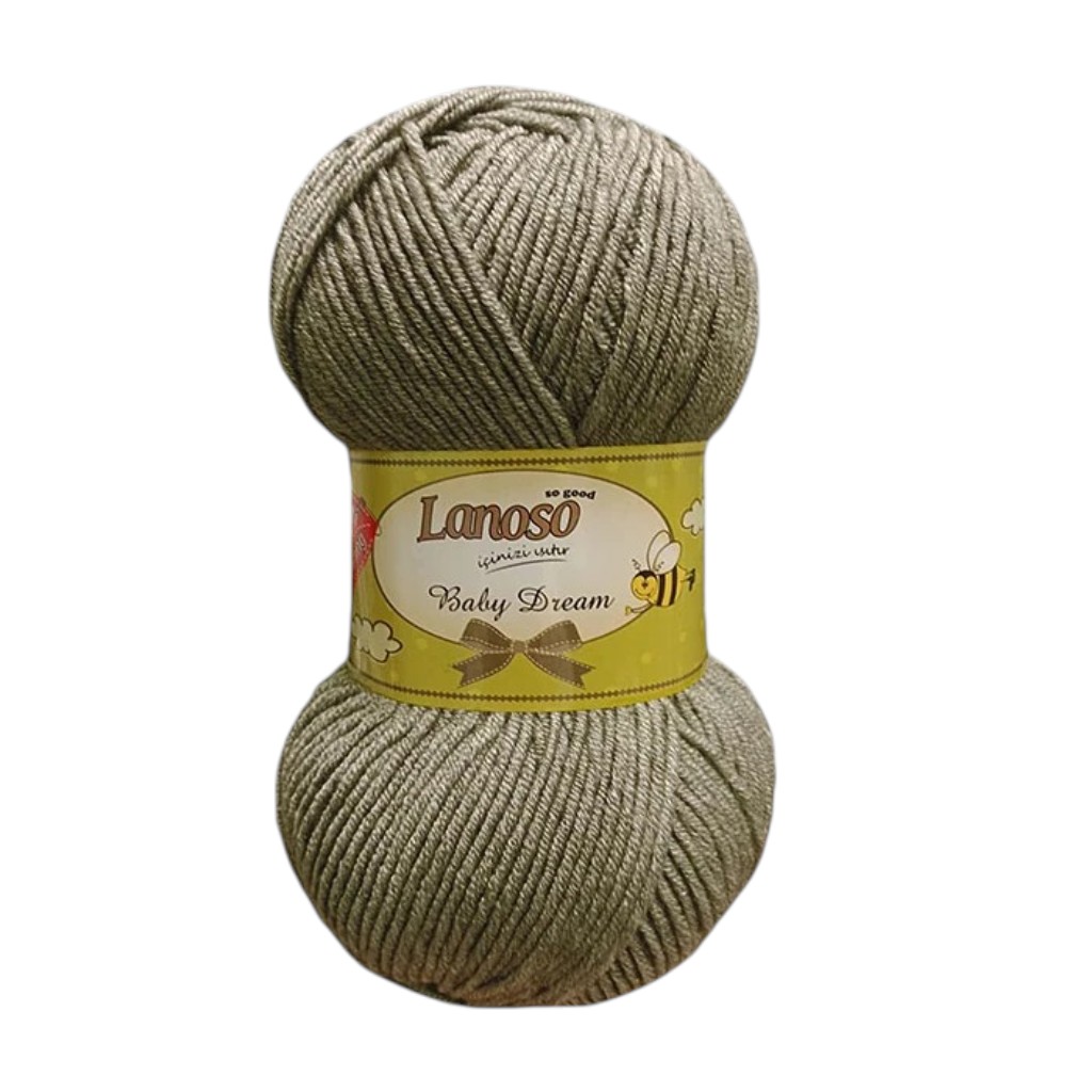 Beige metallic yarn ball with a yellow label reading 'Lanoso Baby Dream' on a white background