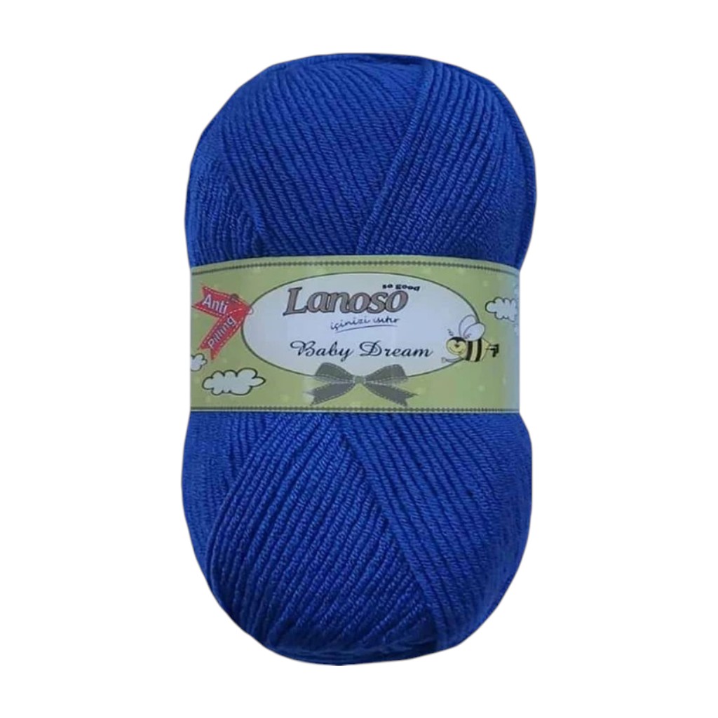 Blue skein of yarn with label reading 'Lanoso Baby Dream' wrapped around the middle.