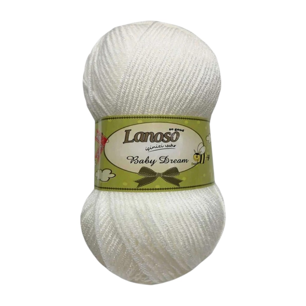 White skein of Lanoso Baby Dream yarn with green label visible around the center.