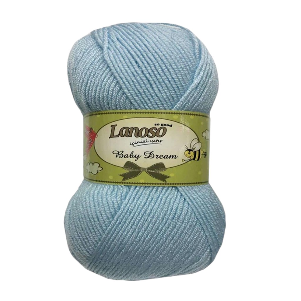 Light blue yarn ball with a green label reading 'Lanoso Baby Dream'.