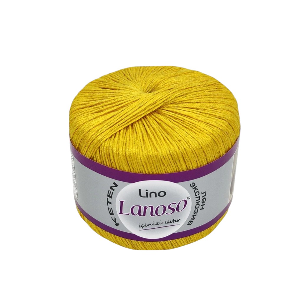 Bright yellow skein of Lanoso yarn with a purple and white label wrapped around it