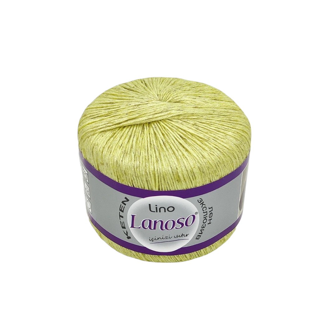 Lime-yellow ball of yarn with a purple and silver band labeled Lanoso Lino, ready for knitting