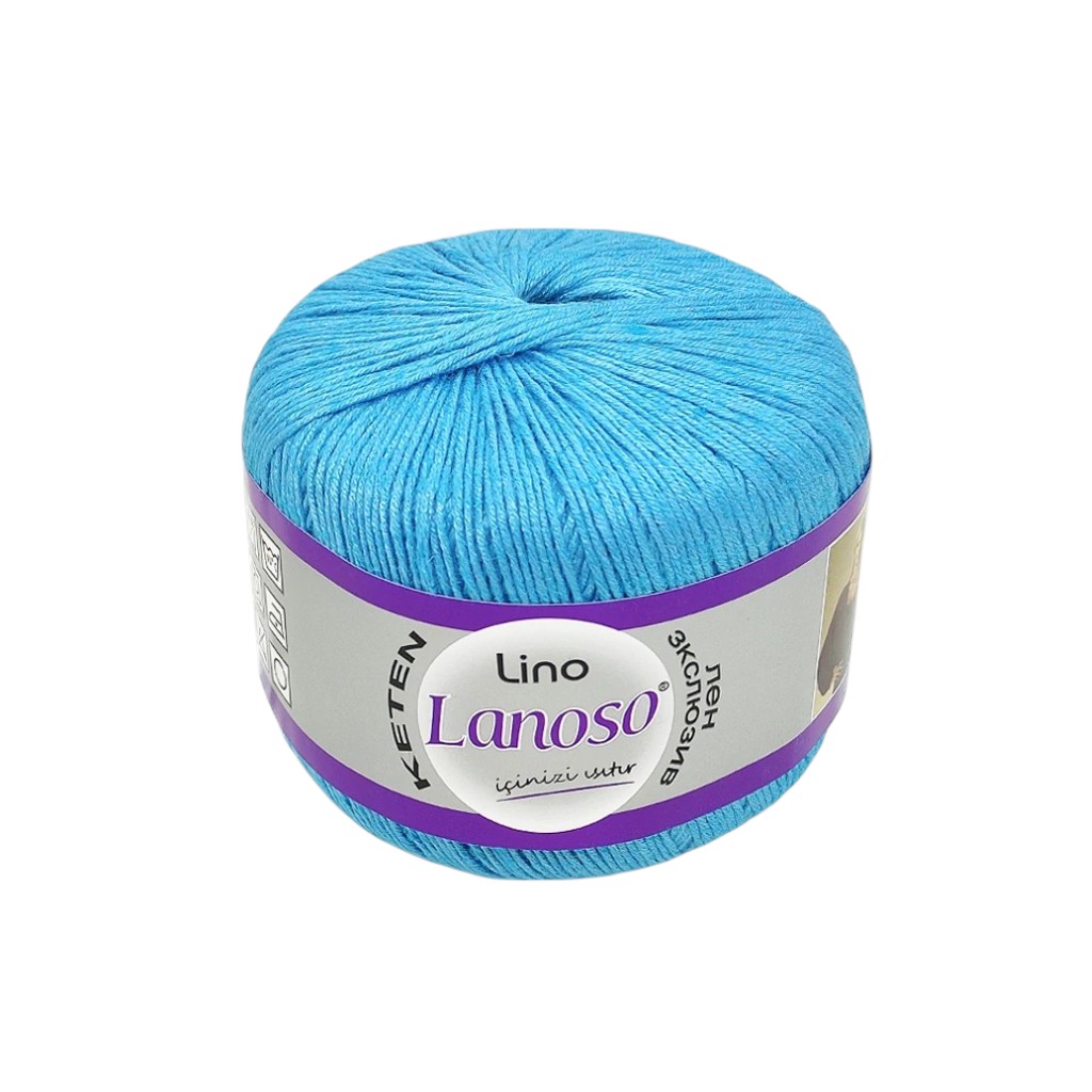 Blue skein of yarn with a purple band and label, a compact ball ready for knitting from the brand LanoS0 (Lanoso).
