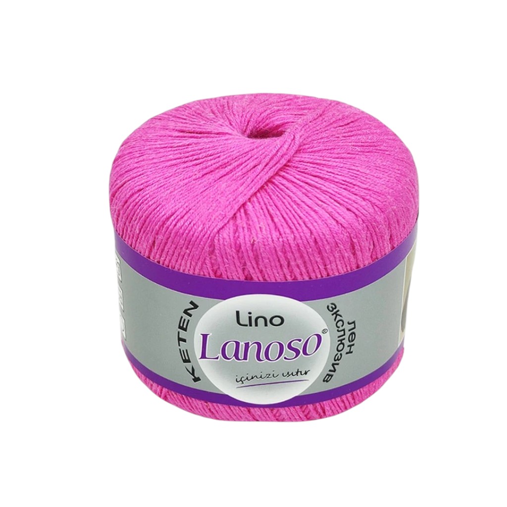 Bright pink skein of yarn wound into a ball with a purple and gray label around its middle