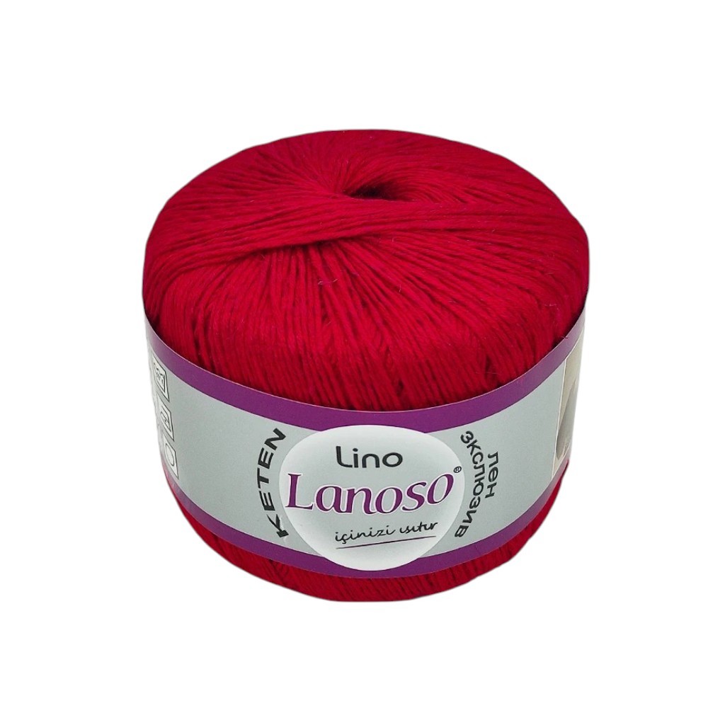 Red skein of Lanoso Lino yarn in a pink-purple label, rolled into a compact ball ready for knitting