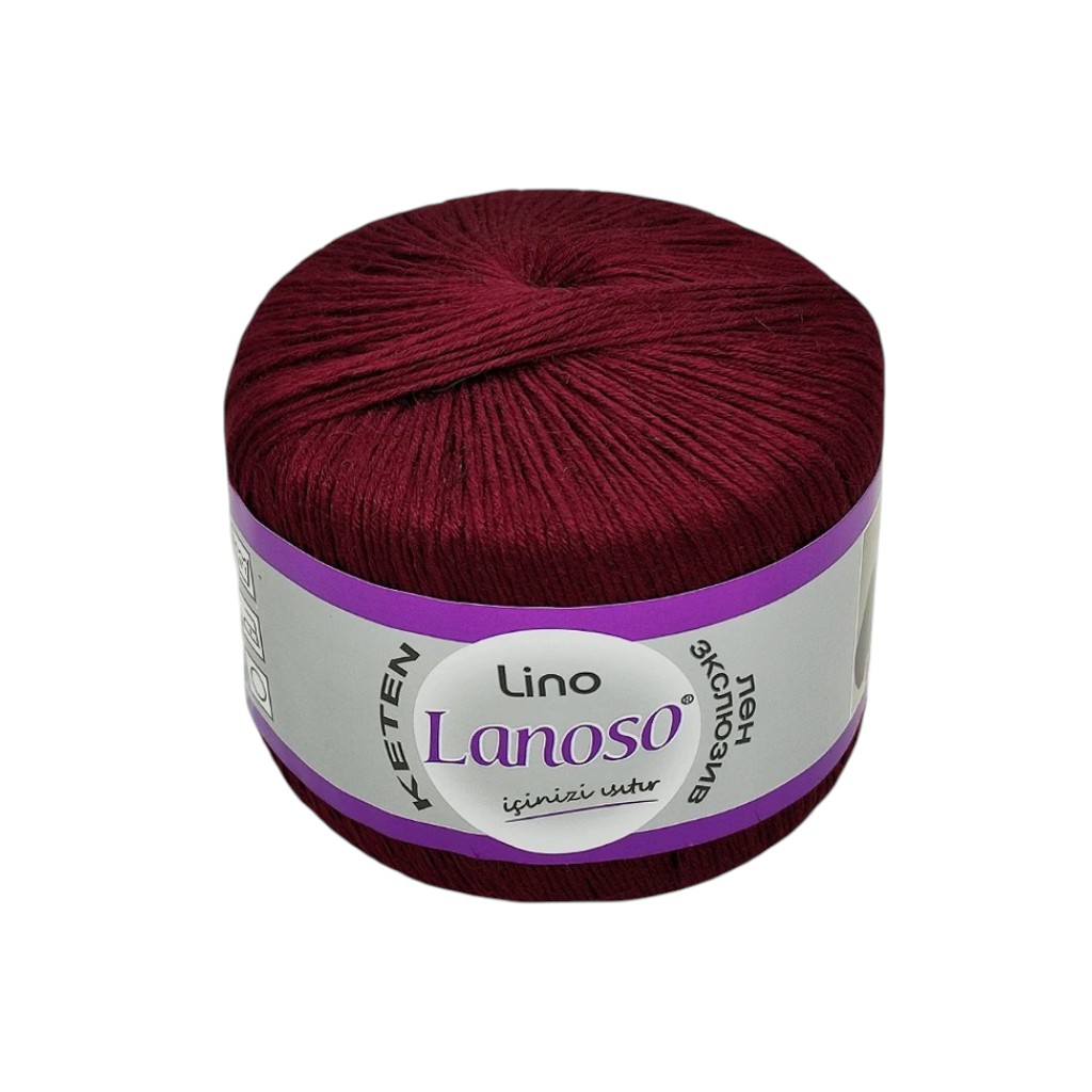 Round burgundy skein of yarn with a white and purple label that reads 'Lanoso Lino'—perfect for knitting or crochet projects.