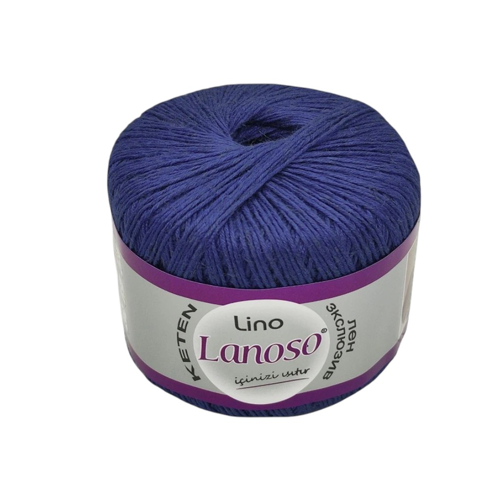 Purple skein of yarn with a white label, branding visible on the side (Lano Lanoso).