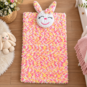 Ръчно плетена бебешка постелка „Зайче“ с възглавничка – Alize Puffy, 115 × 65 см